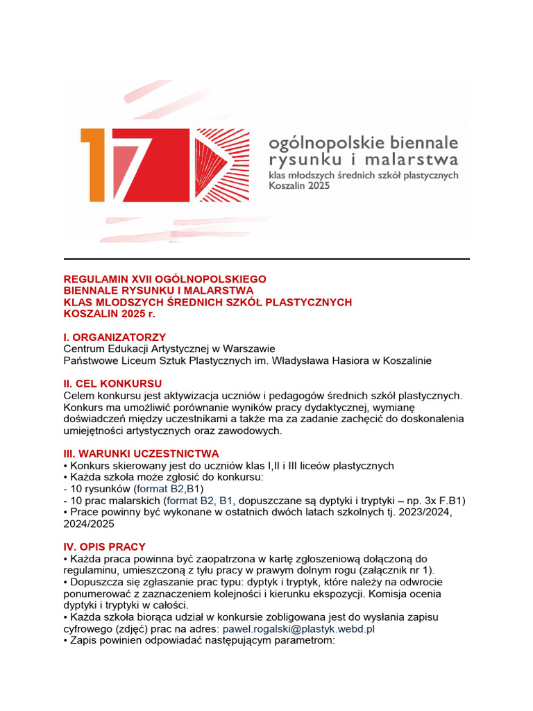 XVII Biennale Klas Młodszych PLSP Koszalin Regulamin 310325 | PDF