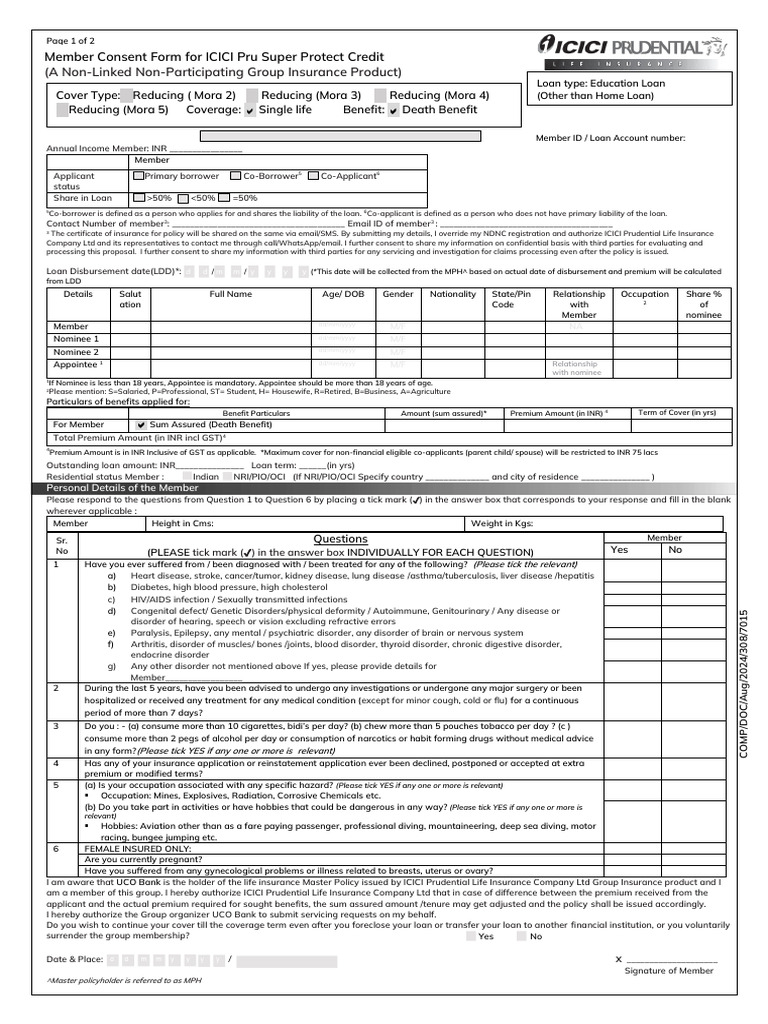 ICICI Pru Super Protect Credit Form | PDF | Private Sector | Monetary ...