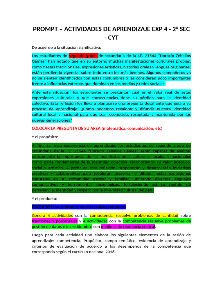 Prompt - Actividades de Aprendizaje Exp 4 - 2° Sec - Cyt | PDF | Plan ...