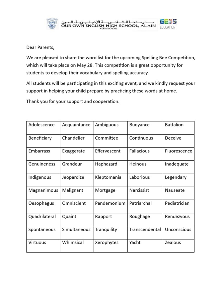 Spelling Bee Word List for Students | PDF