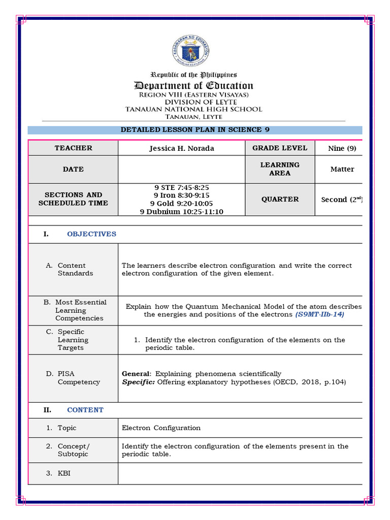 Science 9 Lesson Plan: Electron Configuration | PDF | Electron ...
