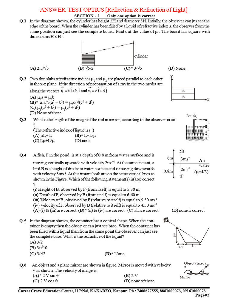 Optics Questions and Answers Guide | PDF | Refraction | Mirror