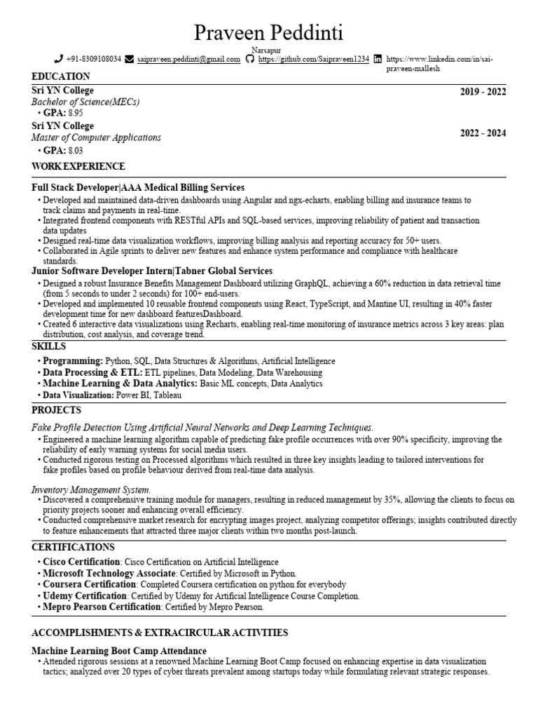 Praveen Peddinti: Software Developer CV | PDF | Machine Learning ...