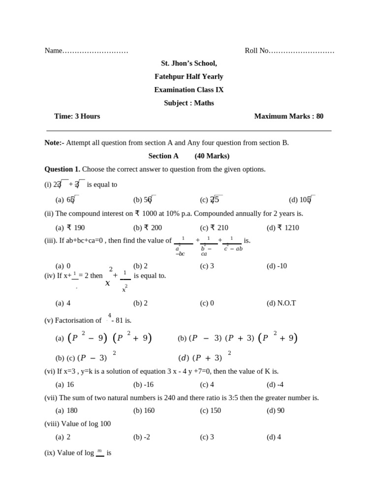 Class IX Maths Half Yearly Exam Paper | PDF | Mathematical Objects ...