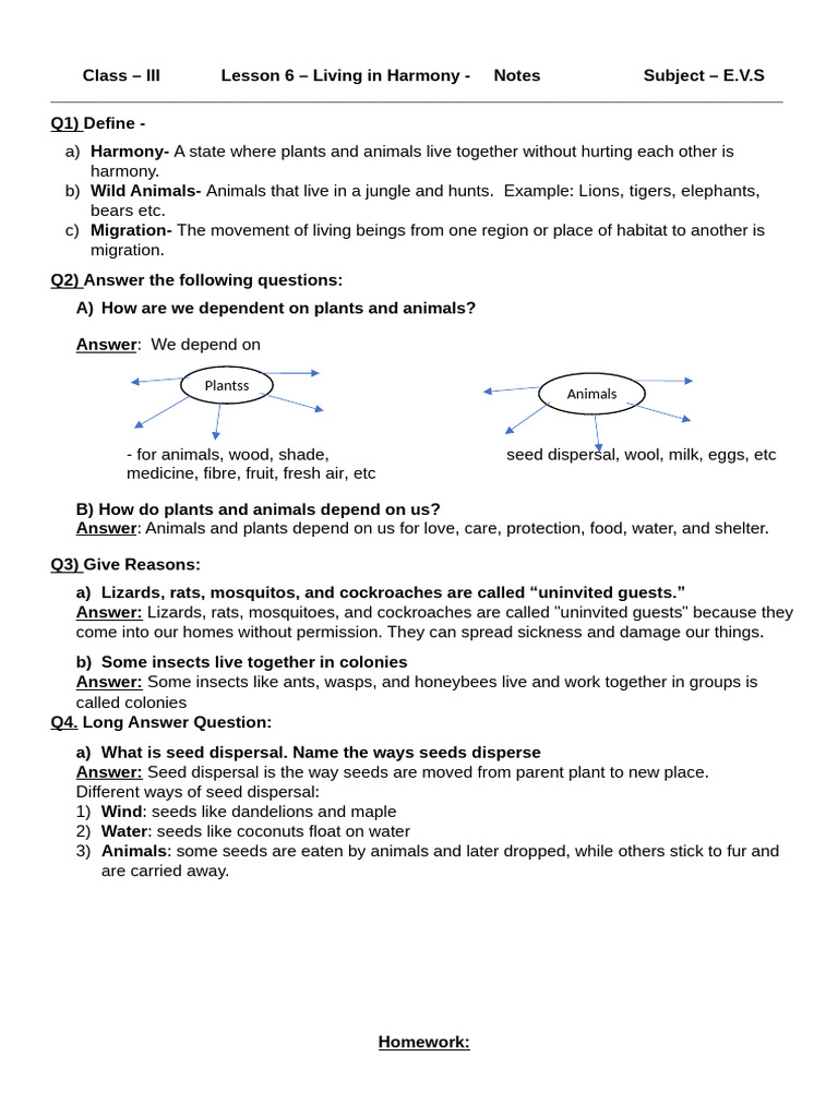 Living in Harmony: Class 3 E.V.S. Notes | PDF