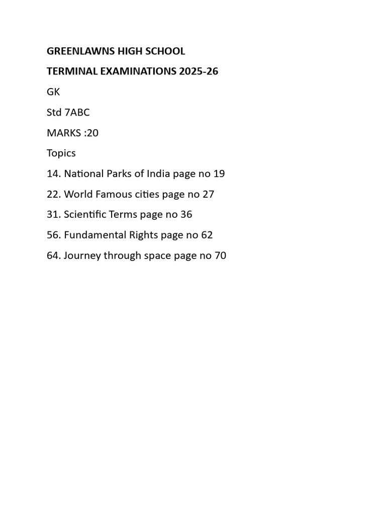 GK Terminal Exam Topics for Std 7ABC | PDF
