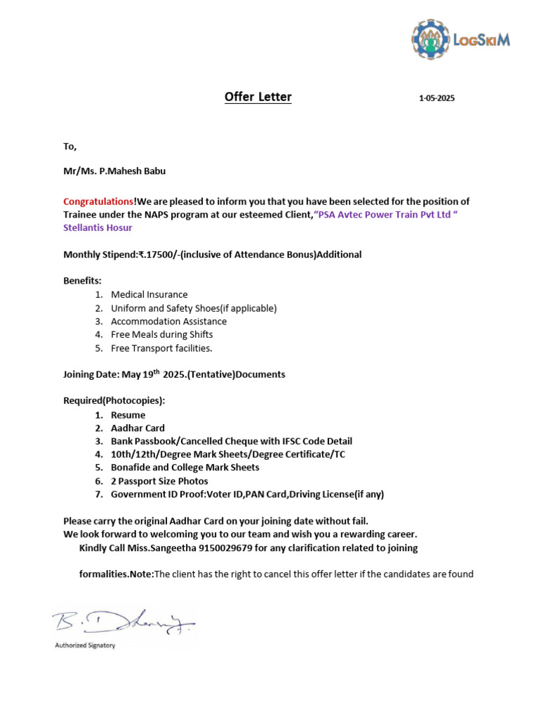 Mahesh Babu's Trainee Offer Details | PDF