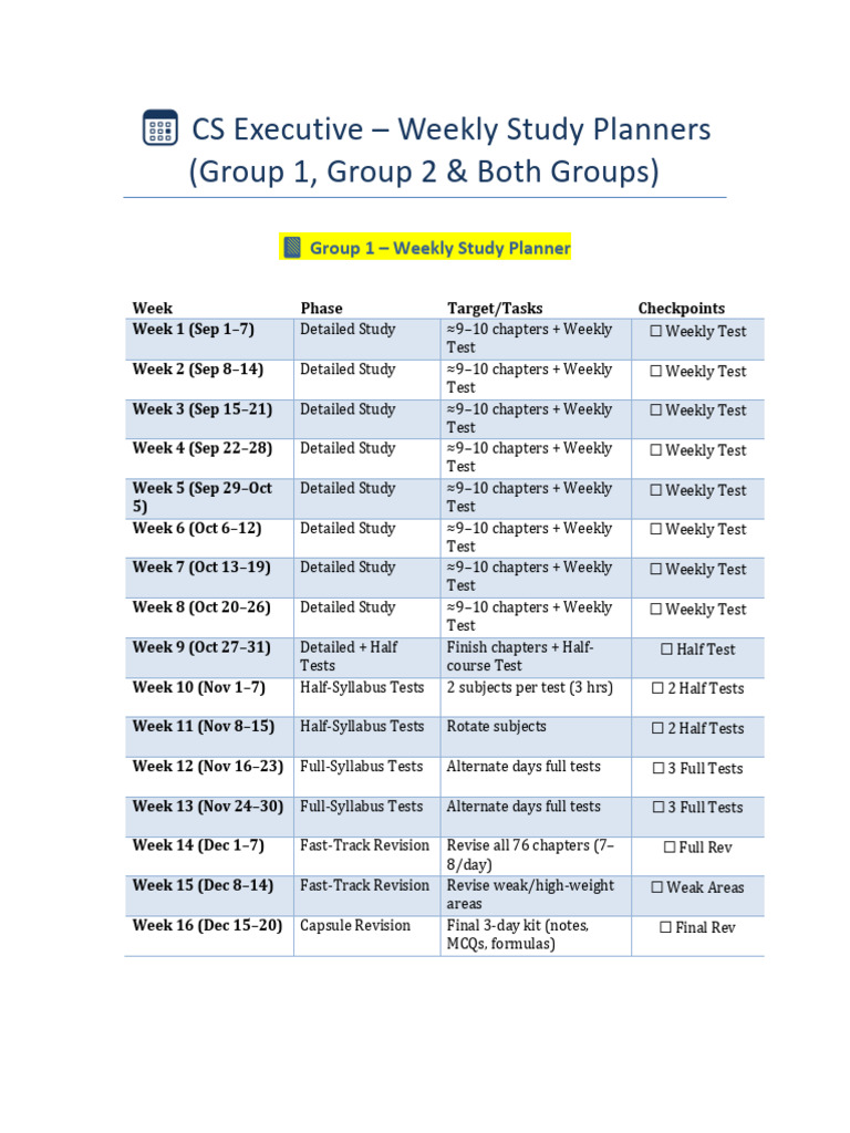 CS Executive Weekly Study Planner | PDF