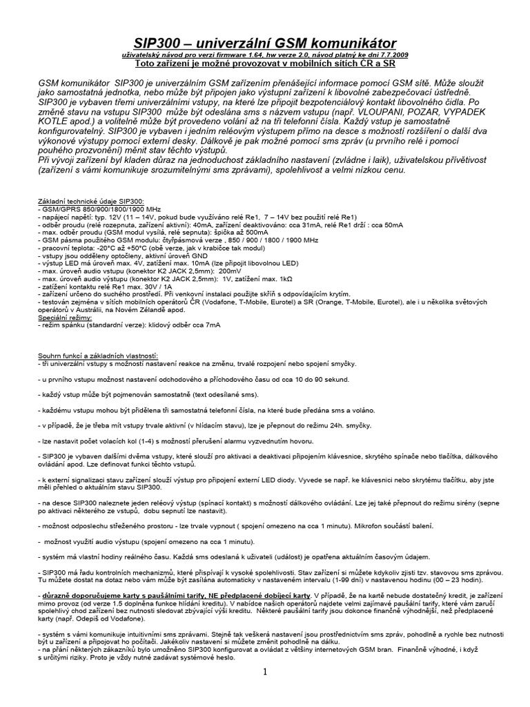 SIP300 - Navod v1.64 - 07.07.2009 | PDF