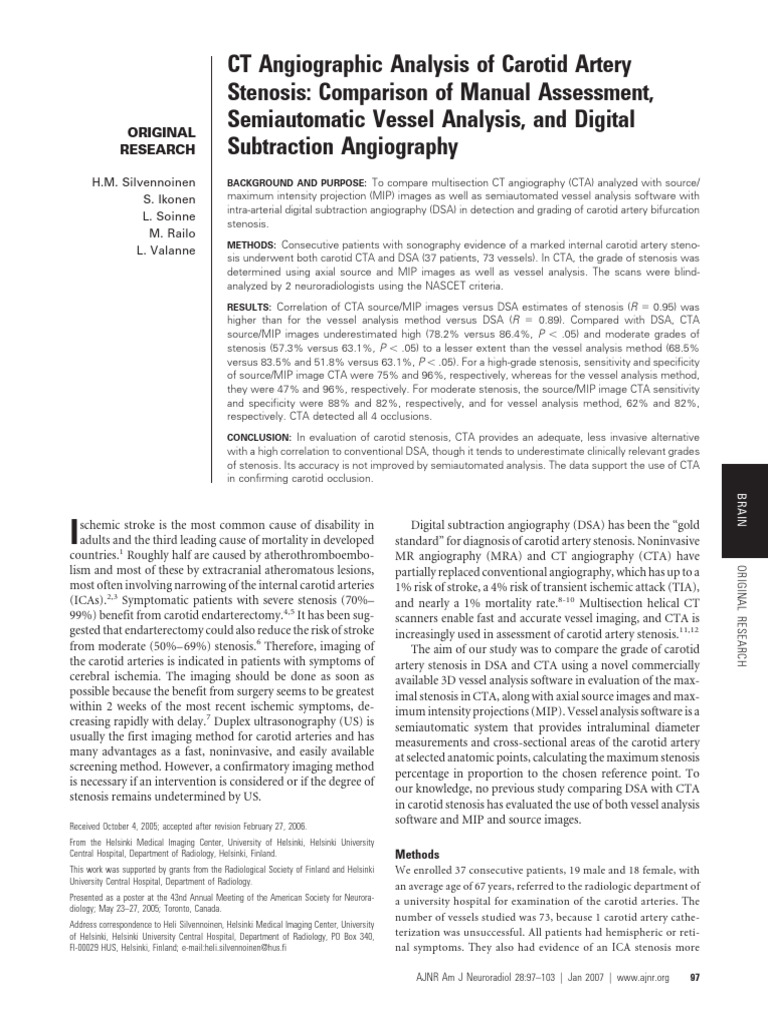 Carotid Artery Stenosis: CTA vs DSA Analysis | PDF | Angiography ...