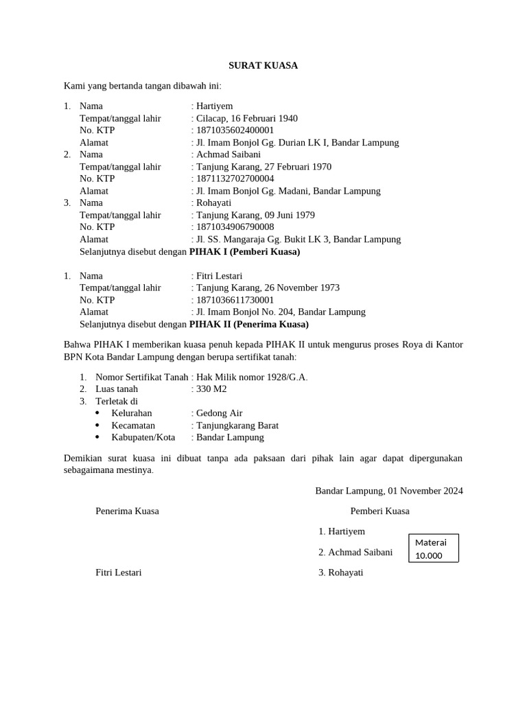 Surat Kuasa Proses Roya BPN Bandar Lampung | PDF