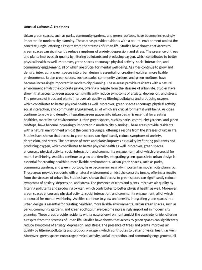 Benefits of Urban Green Spaces | PDF | Mental Health | Air Pollution