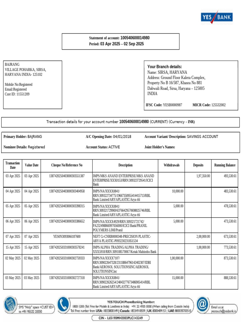 Bajrang Statement Yes Bank | PDF | Private Sector | Money