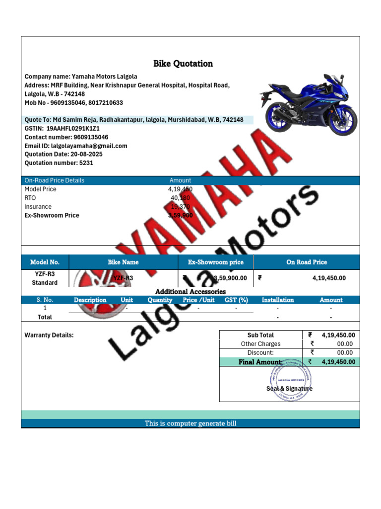 Yamaha Bike Quotation Format | PDF