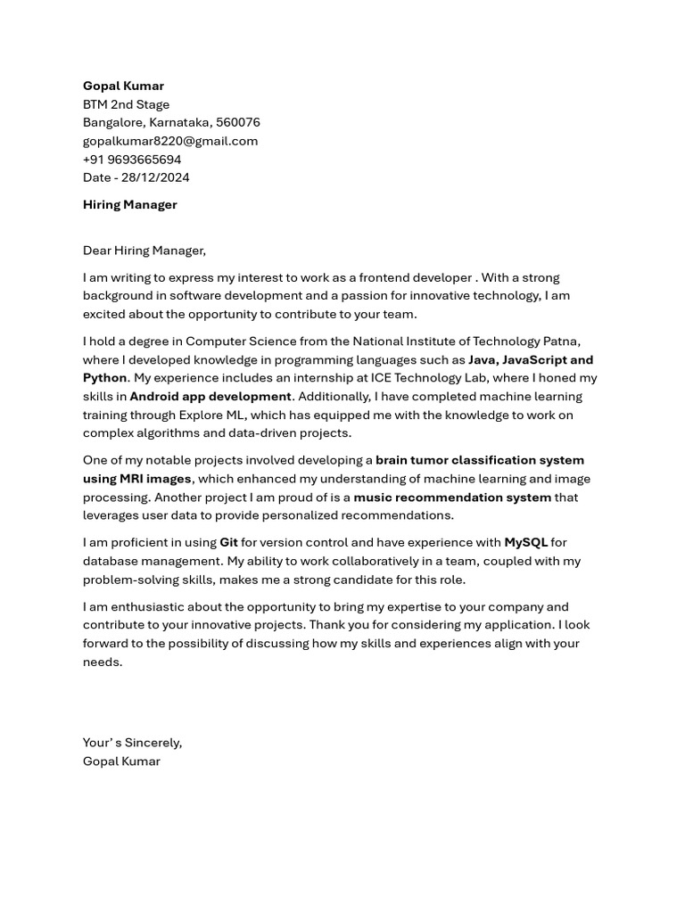 GOPAL KUMAR Cover Letter | PDF