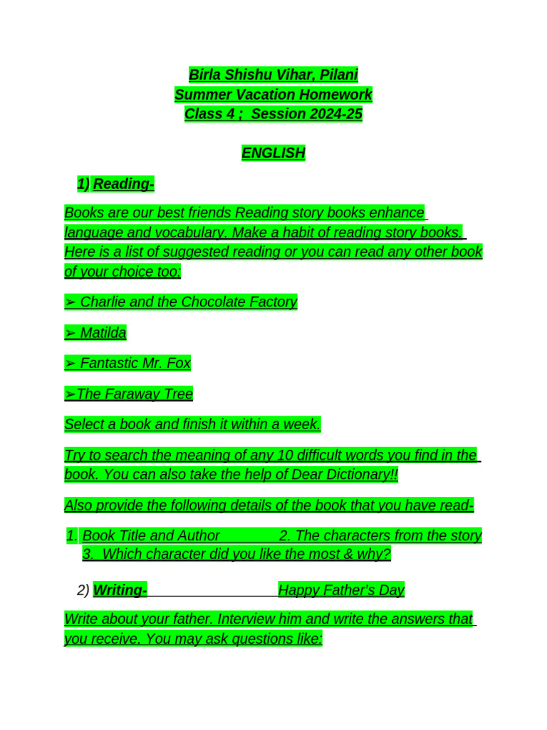 Summer Vacation Homework Class 4, 2024-25 | PDF