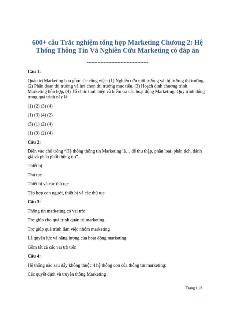 600 Cau Trac Nghiem Tong Hop Marketing Chuong 2 He Thong Thong Tin Va ...