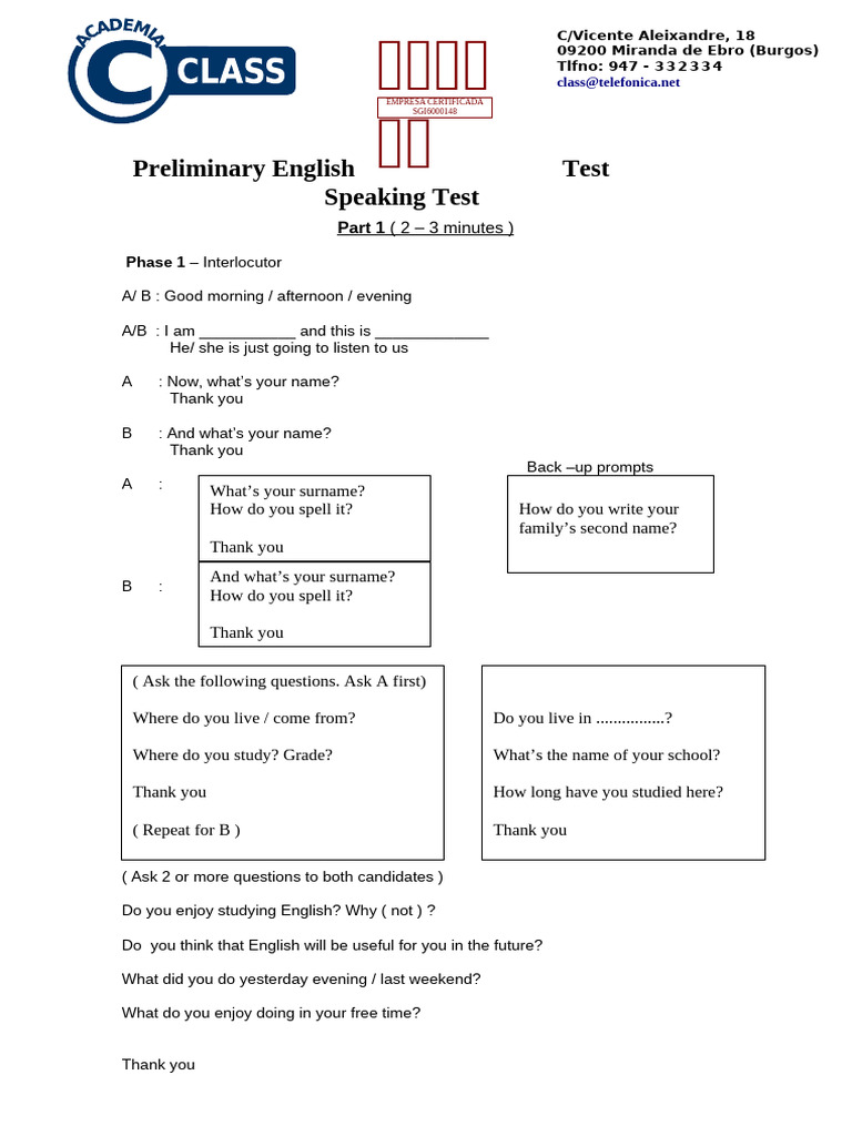 Preliminary English Speaking Test Guide | PDF