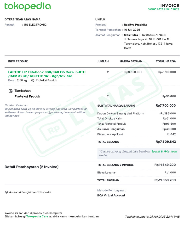 Invoice Pembelian Laptop HP EliteBook | PDF