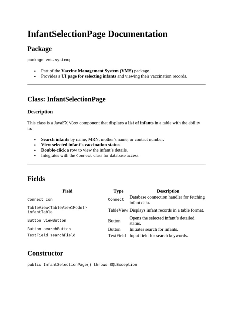 InfantSelectionPage Documentation | PDF | Databases | Information Retrieval