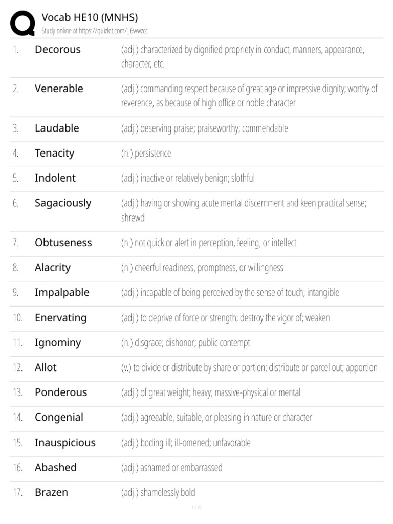 Vocabulary List for HE10 (MNHS) | PDF