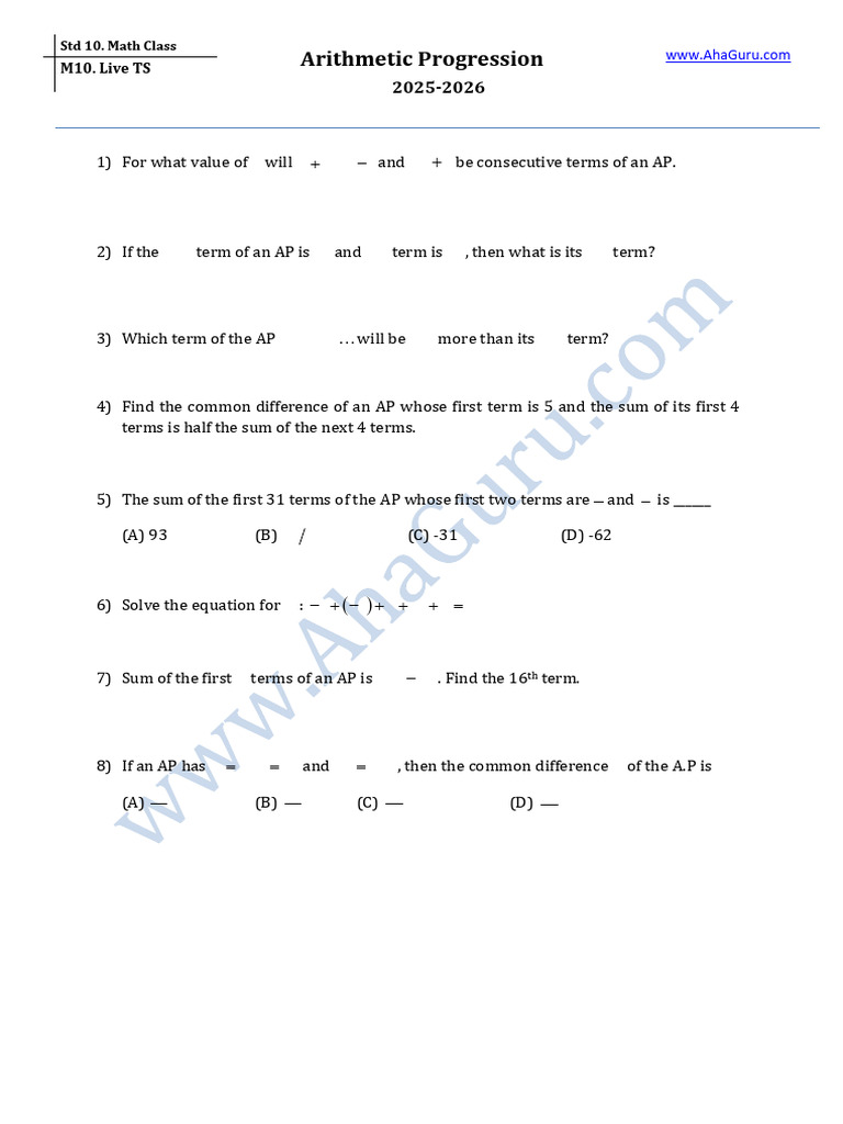 CLT005 10 Math Arithmetic Progression 8Q 5 Aug 2025 | PDF