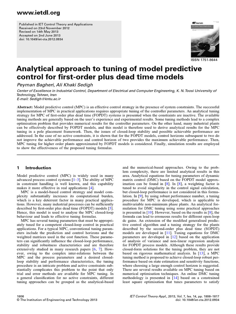 2013 - Analytical Approach To Tuning of Model Predictive Control For ...