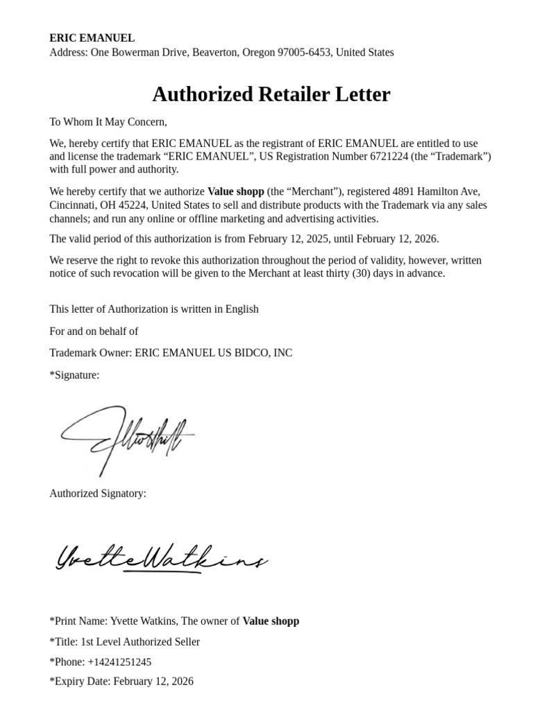 ERIC EMANUEL Trademark Authorization Letter | PDF