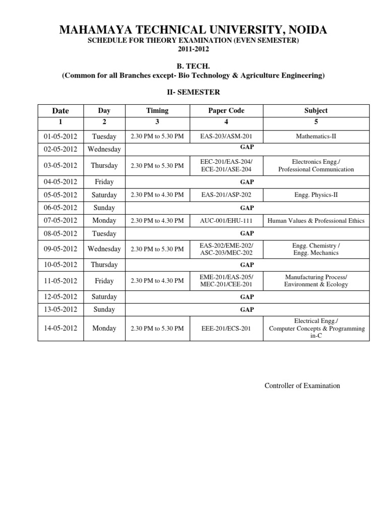 B.Tech Even Semester Exam Schedule 2012 | PDF | Science & Mathematics ...