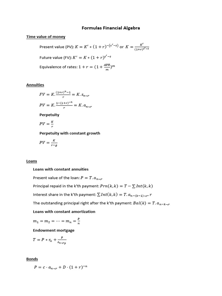 Financial Algebra Formulas Explained | PDF
