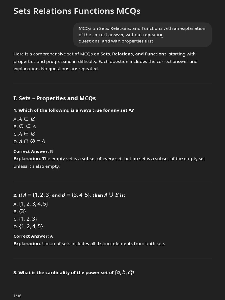 Sets, Relations, and Functions MCQs | PDF | Function (Mathematics ...