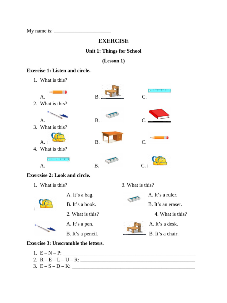 Unit 1 Lesson 1: School Items Exercise | PDF