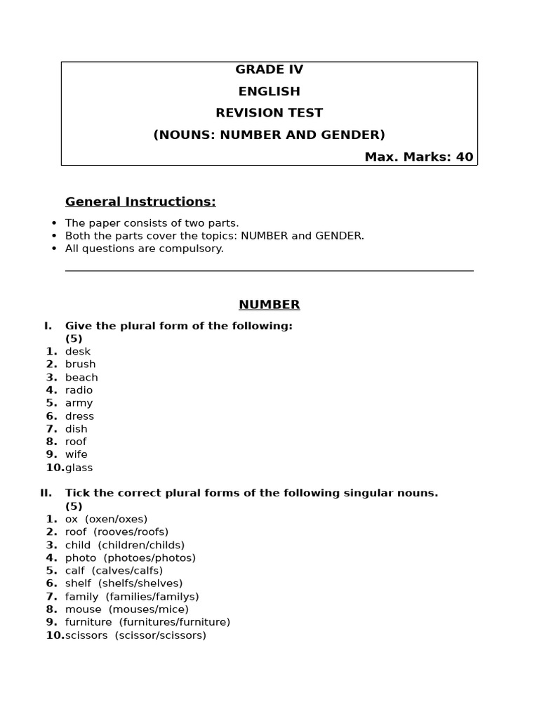Grade IV English Revision: Nouns Test | PDF | Grammatical Gender | Plural