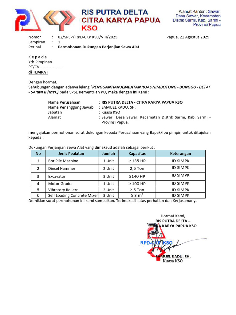 Permohonan Sewa Alat Konstruksi Papua | PDF