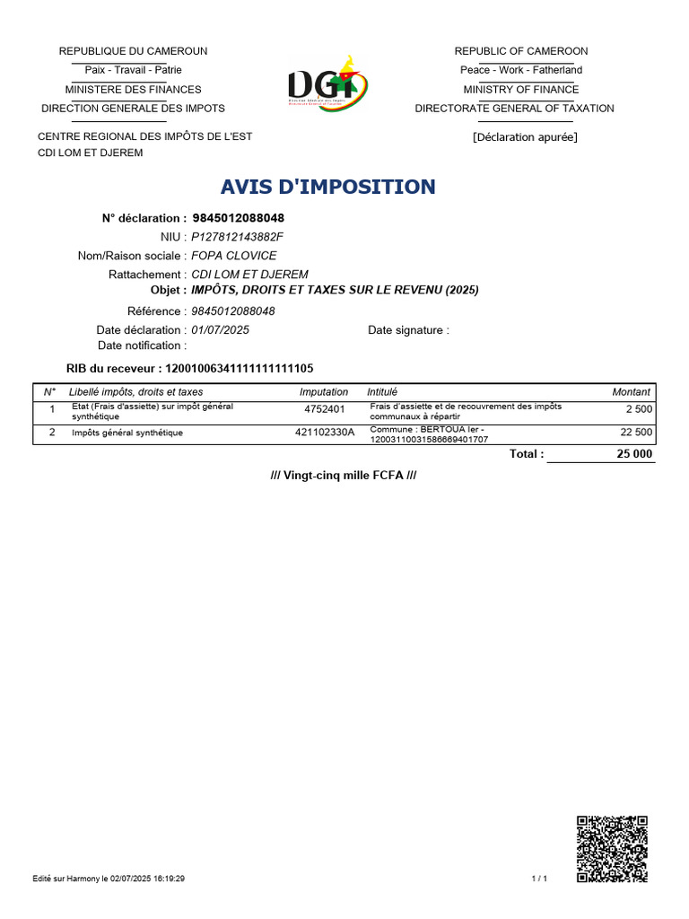 Avis d'imposition 2025 - Bertoua | PDF