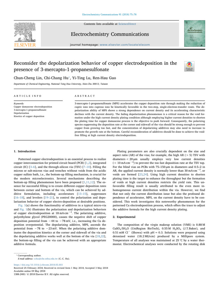 Copper Electrodeposition with MPS Additive | PDF | Copper ...