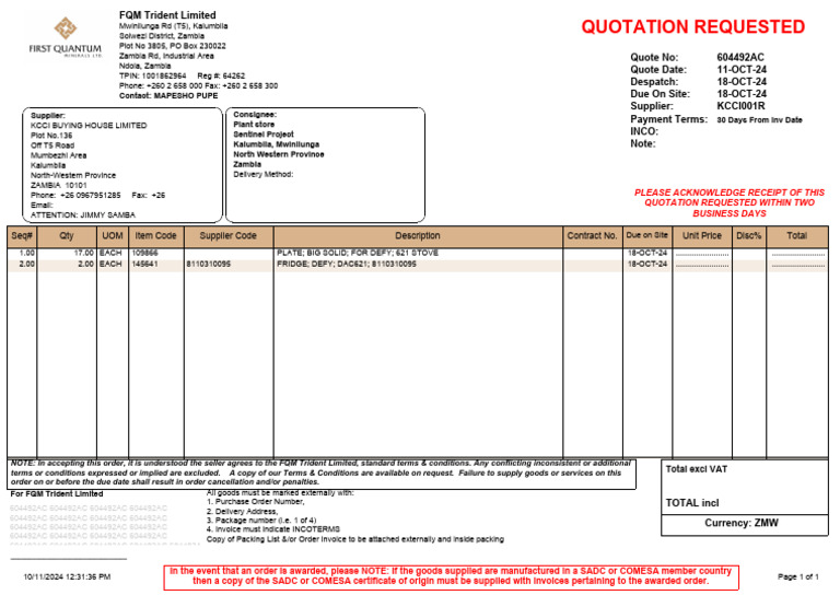 Quotation Requested 604492ac Kcci001r 20241011123107 | PDF | Supply ...