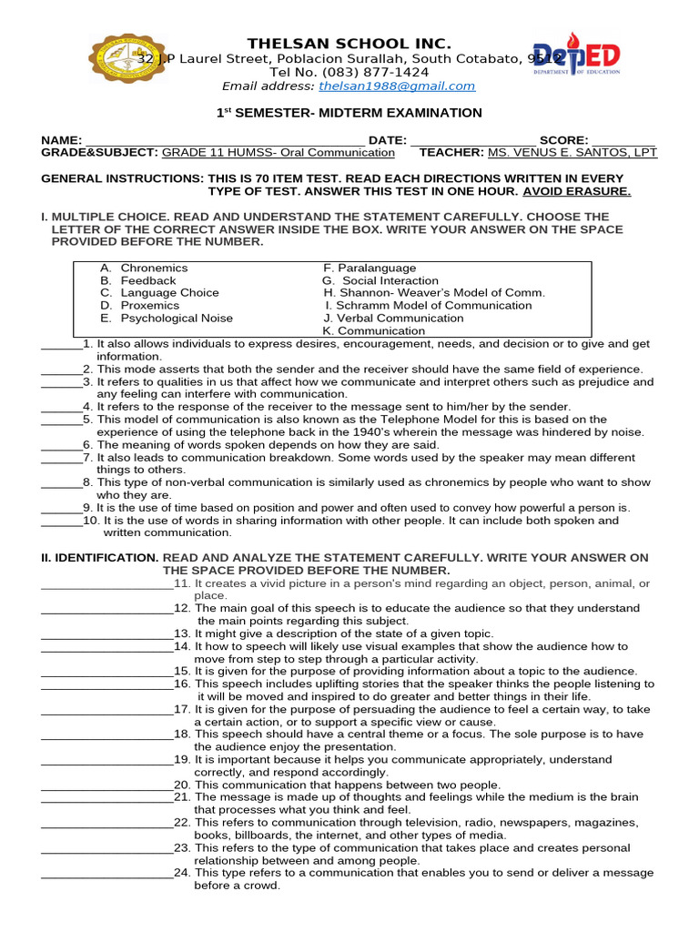 Grade 11 HUMSS Oral Communication Exam | PDF | Communication | Public ...
