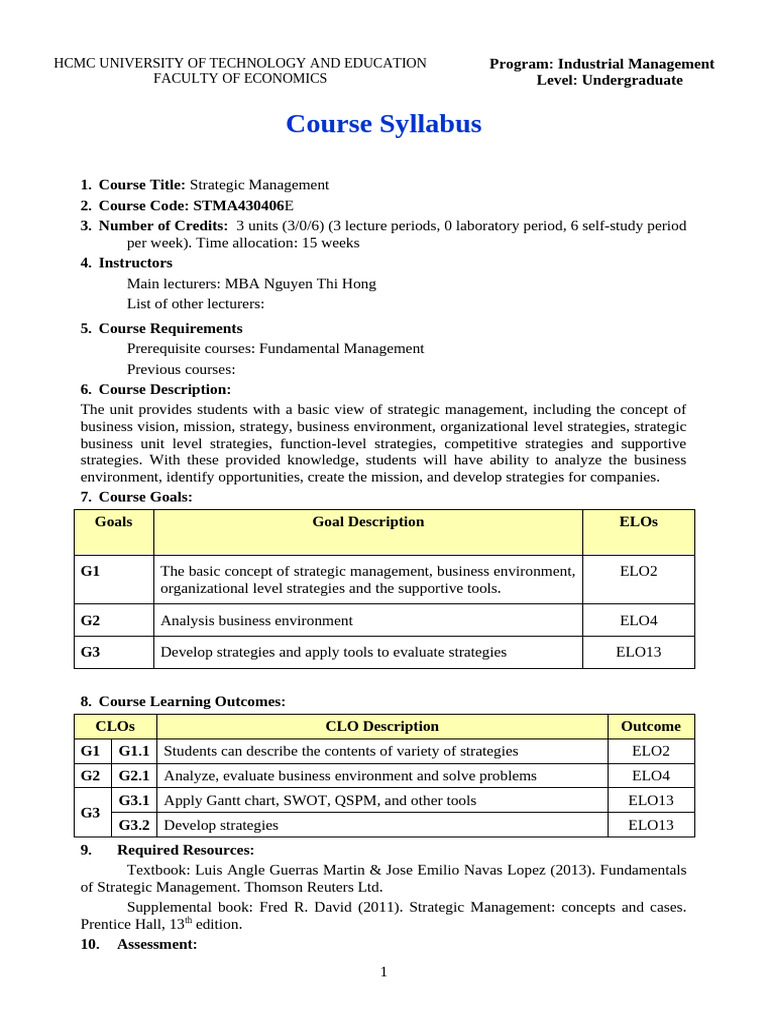 Strategic Management Course Syllabus | PDF | Strategic Management