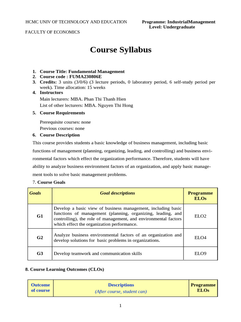 Fundamental Management Course Syllabus | PDF | Cognition