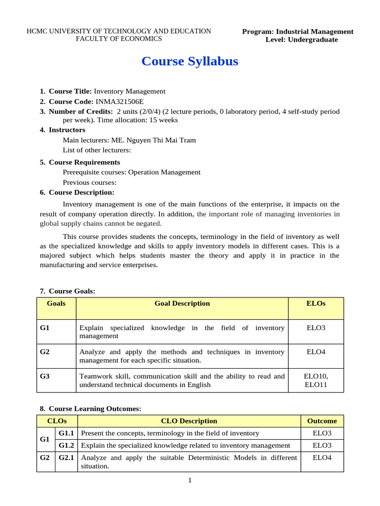 Inventory Management Course Syllabus | PDF | Inventory | Educational ...
