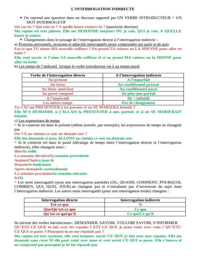Interrogation Indirecte en Français | PDF | Question | Verbe