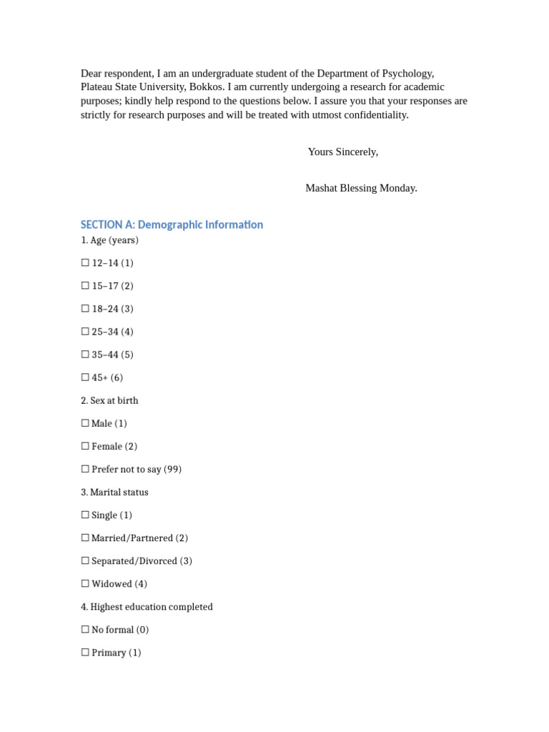 Psychology Research Survey Questionnaire | PDF | Psychology ...