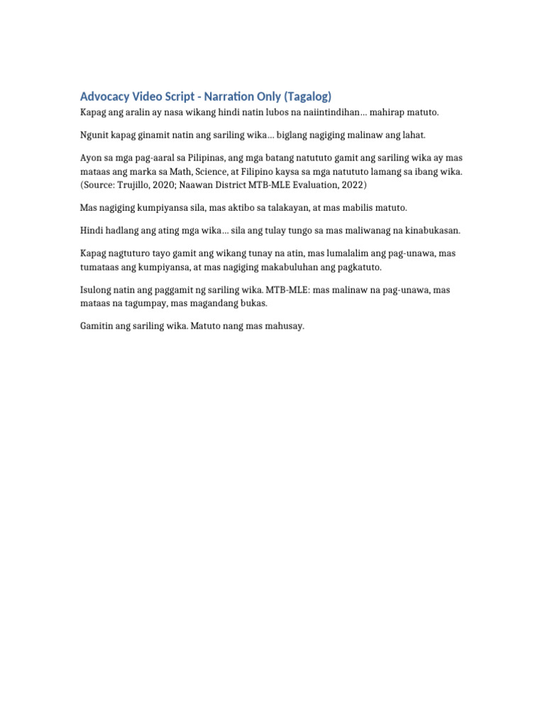 Advocacy Video Script Tagalog Narration | PDF