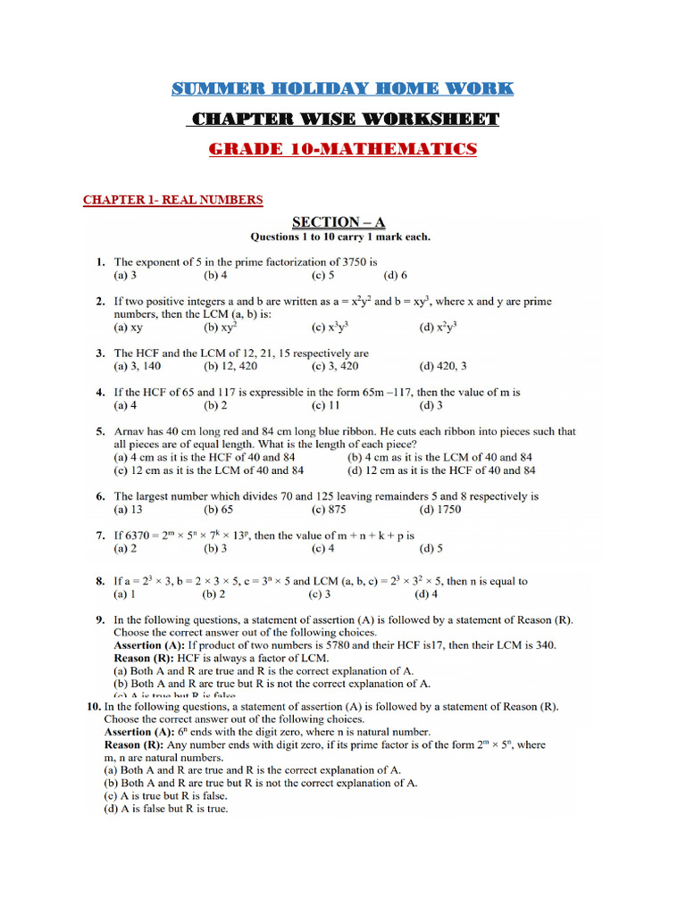 GR 10 - Mathematics - Summer Holiday Homework | PDF