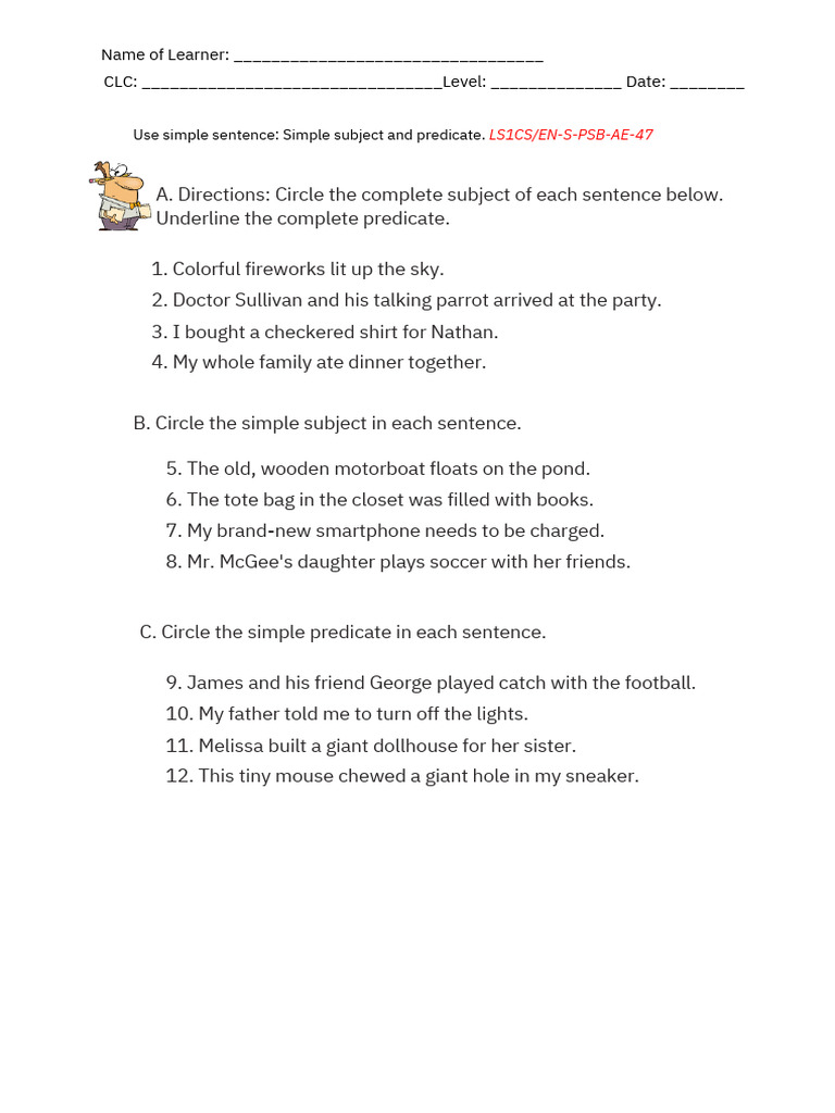 LS1 Eng. - Worksheets AE (Simple Sentence) PDF | PDF