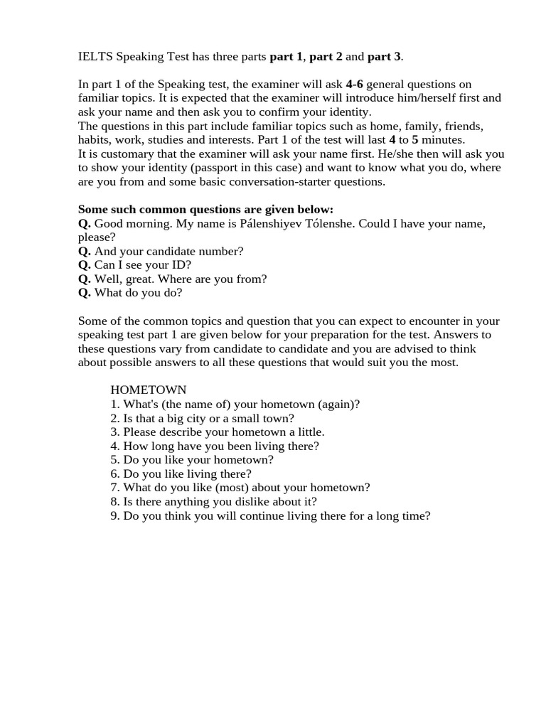 IELTS Speaking Test Part 1 Overview | PDF | International English ...
