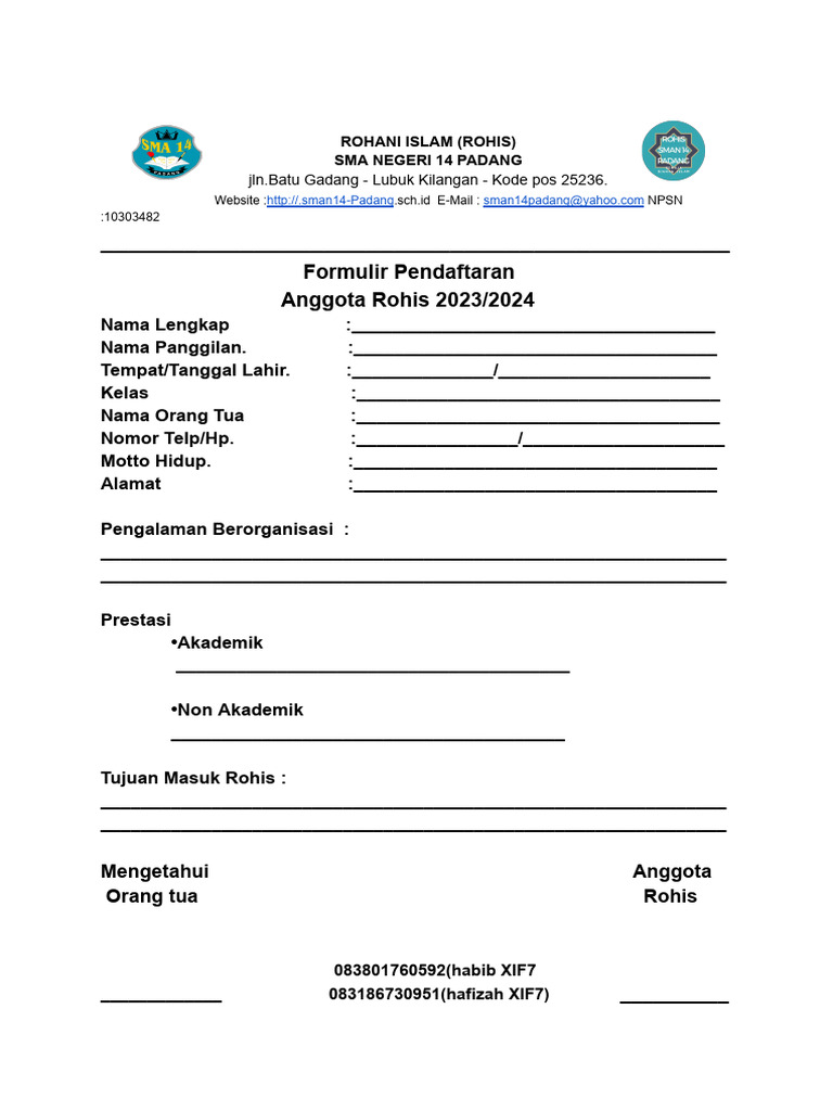 Formulir Pendaftaran Rohis | PDF