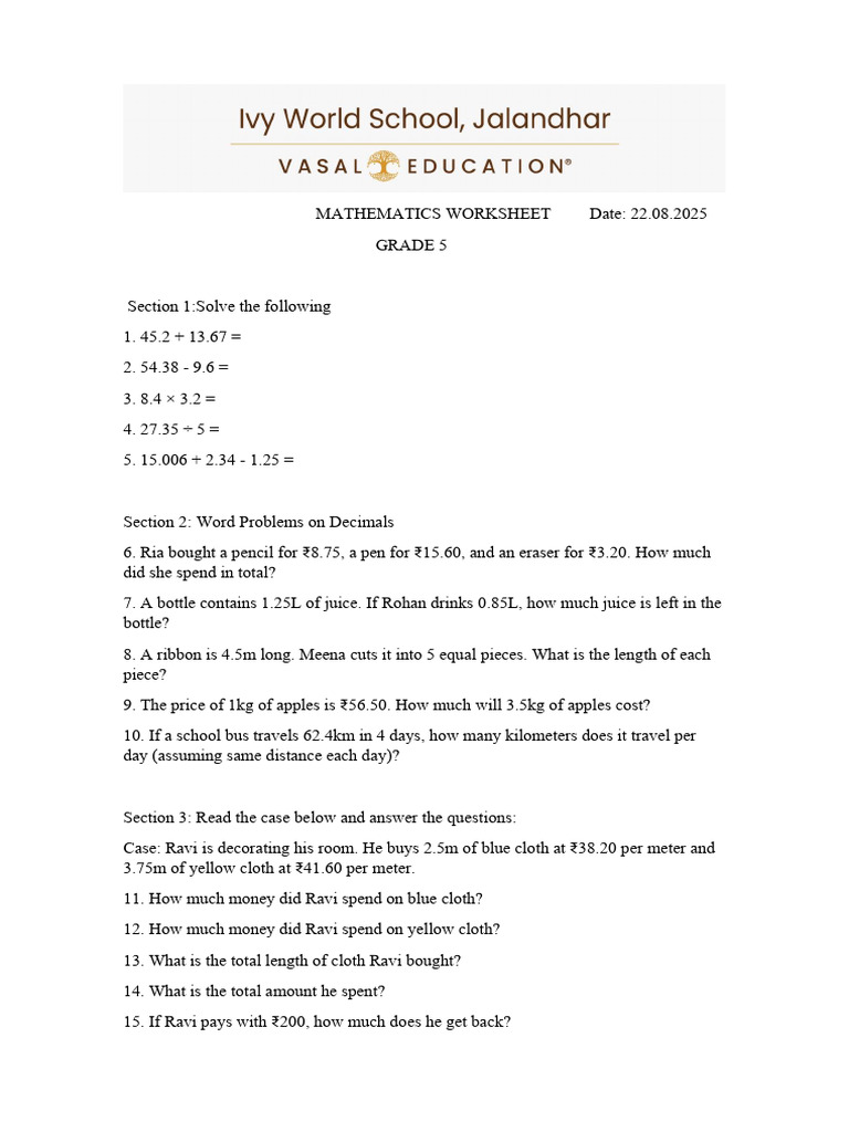 MATHEMATICS Worksheet Grade 5 22.08.25 | PDF