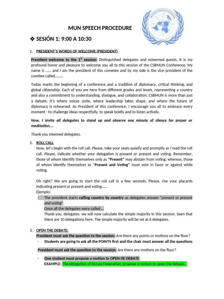 MUN Speech Procedure Overview | PDF | Meetings | Government